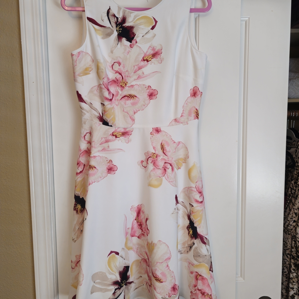 White House Black Market White and Pink Floral Midi Dress